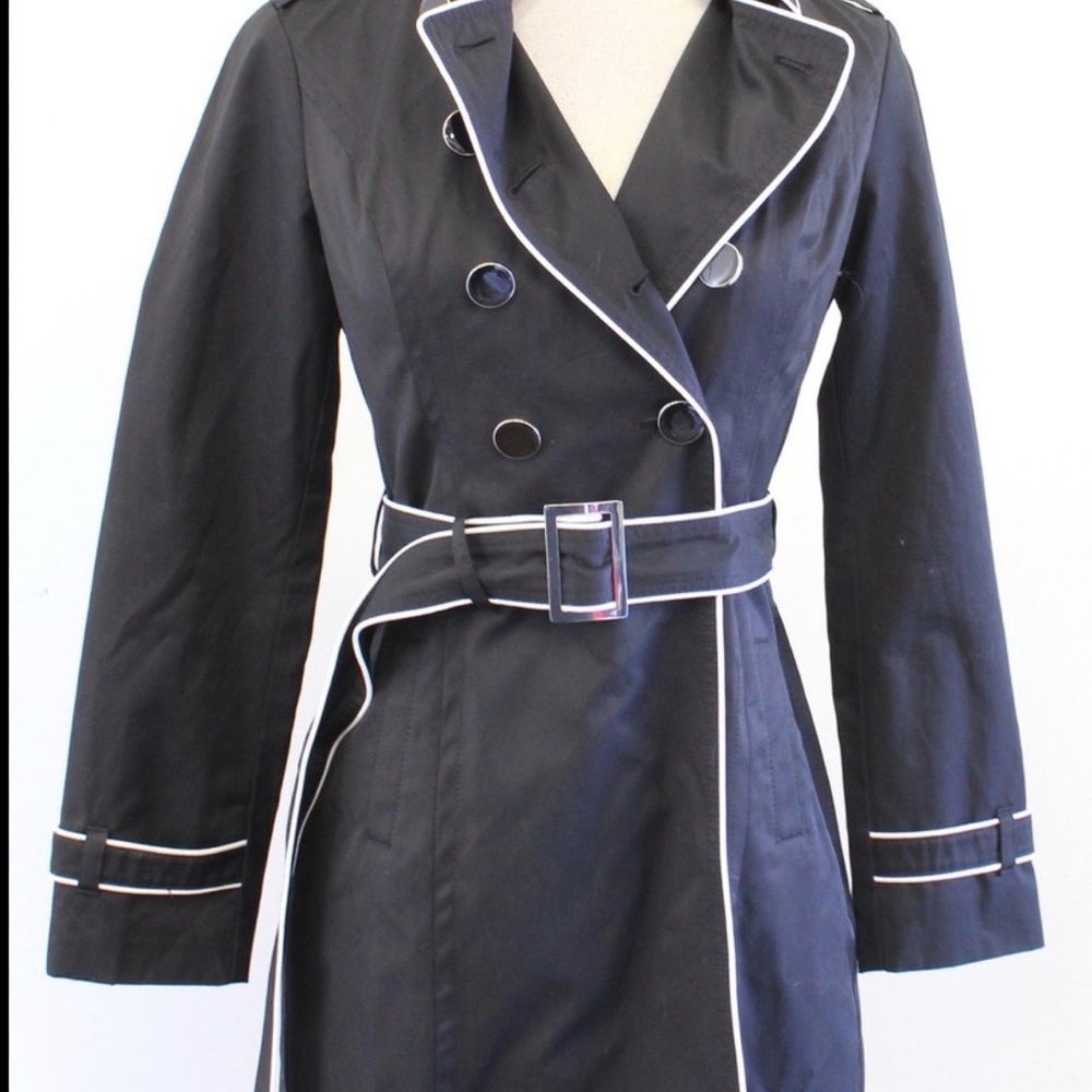 White House Black Market Black Pea Coat with White Accents